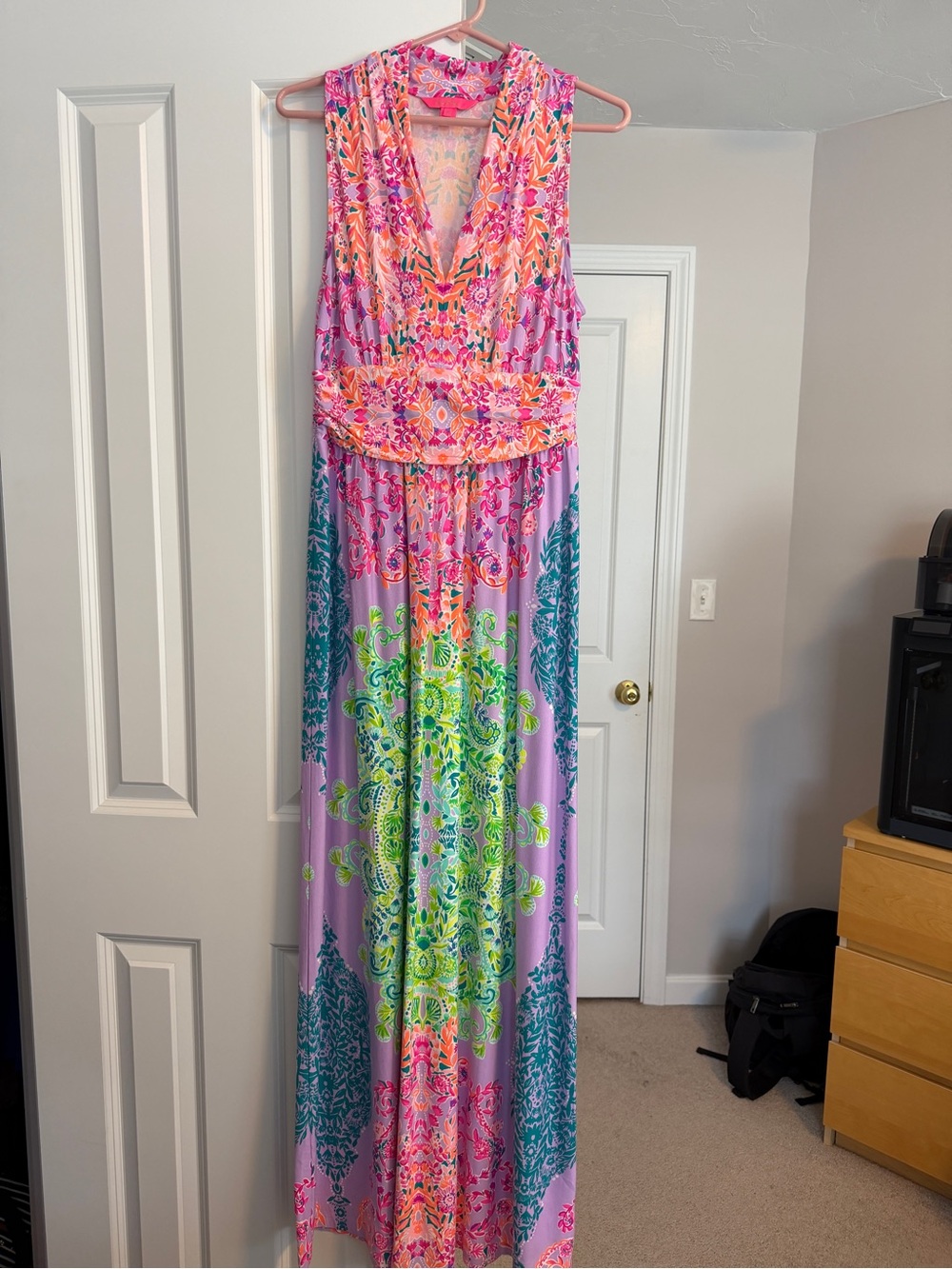 Lilly Pulitzer Lavender Maxi Dress with Neon Pink, Green and Teal Print